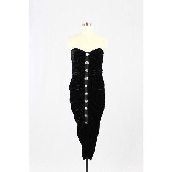 VERONICA BEARD Palo Black Silk Velvet Rhinestone Strapless Draped Dress, Size L - Picture 4 of 16